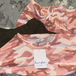 Love, Fire Pink Camo and Olive Tops and shorts